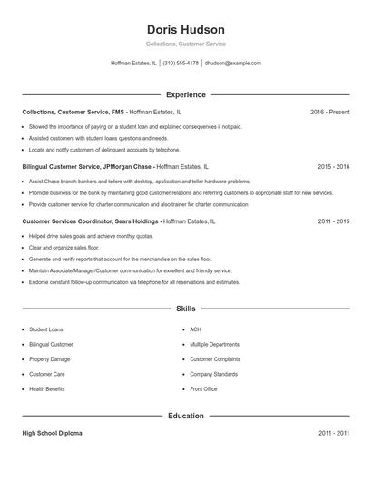 Collections, Customer Service Resume
