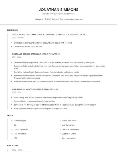 Collections, Customer Service Resume