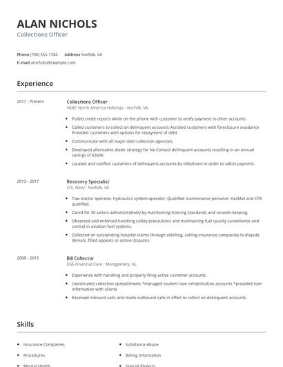 Collections Officer Resume