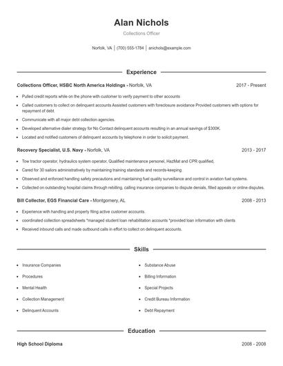 Collections Officer Resume