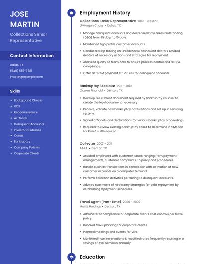 Collections Senior Representative Resume