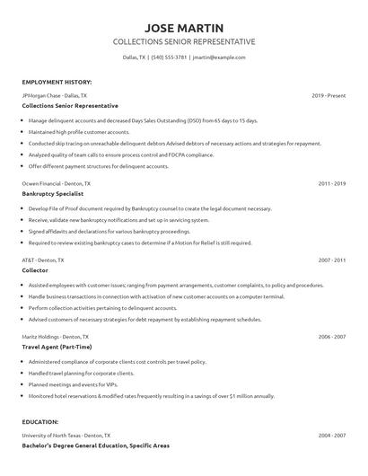 Collections Senior Representative Resume
