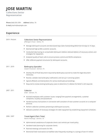 Collections Senior Representative Resume