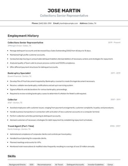 Collections Senior Representative Resume