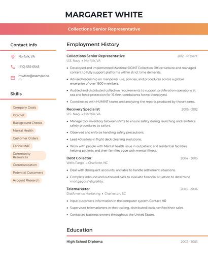 Collections Senior Representative Resume
