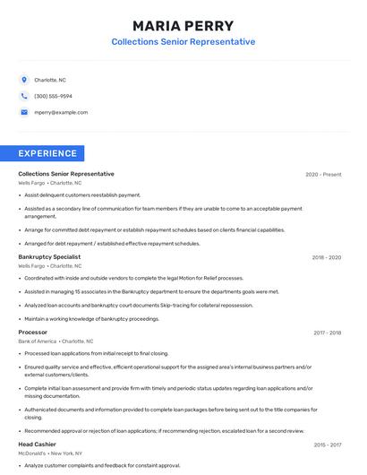 Collections Senior Representative Resume