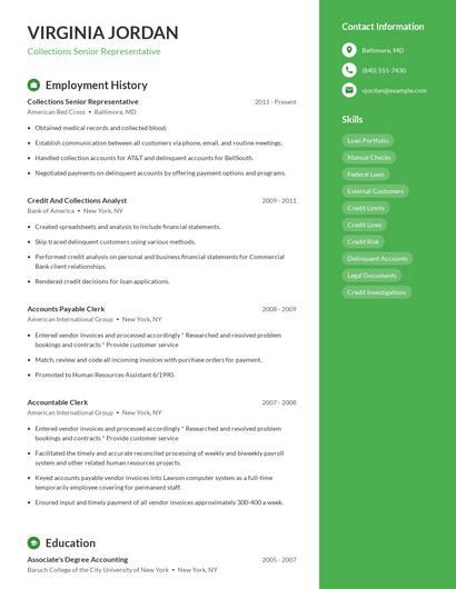 Collections Senior Representative Resume