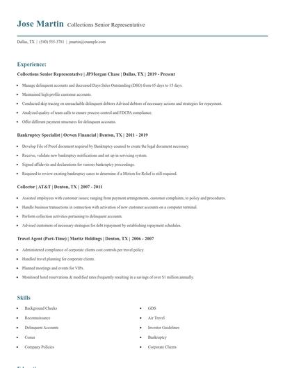 Collections Senior Representative Resume