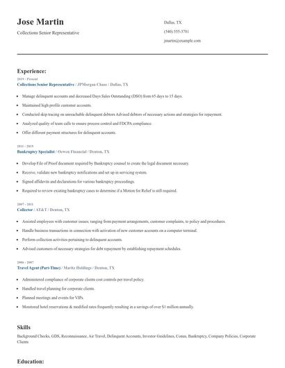 Collections Senior Representative Resume