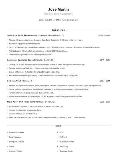 Collections Senior Representative Resume