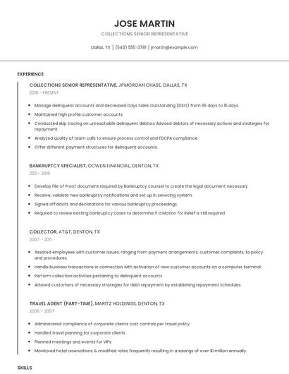 Collections Senior Representative Resume