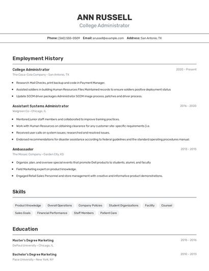 College Administrator Resume