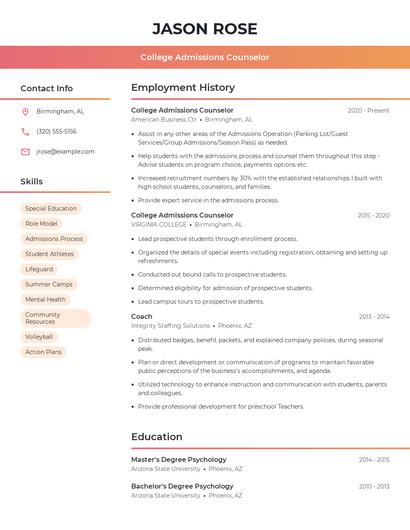 College Admissions Counselor Resume
