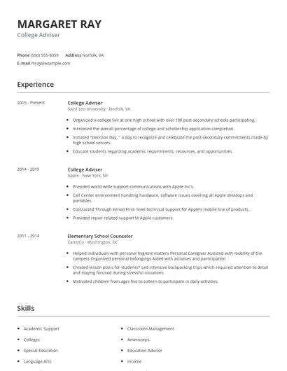 College Adviser Resume