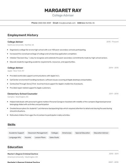 College Adviser Resume