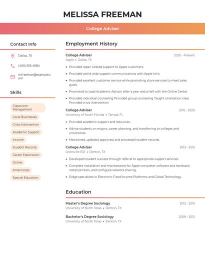 College Adviser Resume
