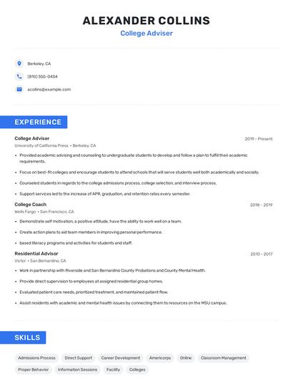College Adviser Resume
