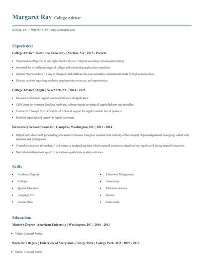 College Adviser Resume