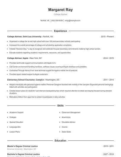 College Adviser Resume
