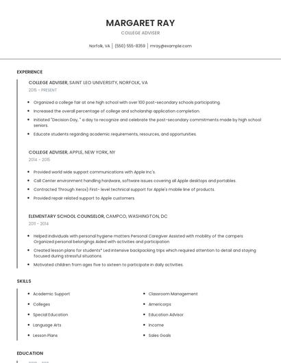 College Adviser Resume