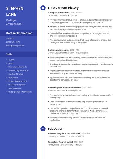 College Ambassador Resume