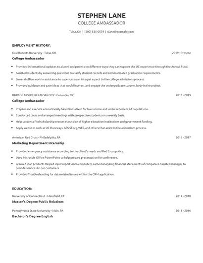 College Ambassador Resume