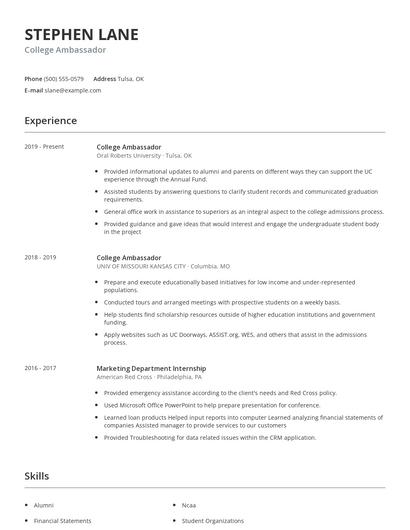 College Ambassador Resume