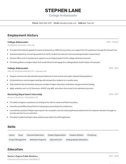 College Ambassador Resume