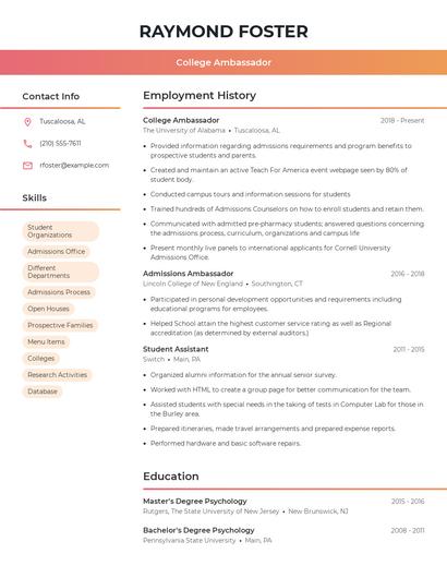 College Ambassador Resume