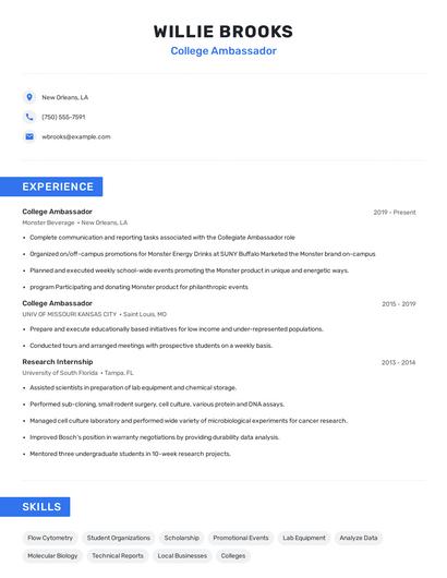 College Ambassador Resume