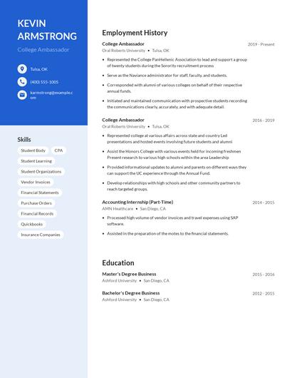 College Ambassador Resume