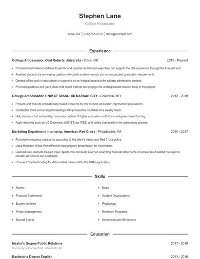 College Ambassador Resume