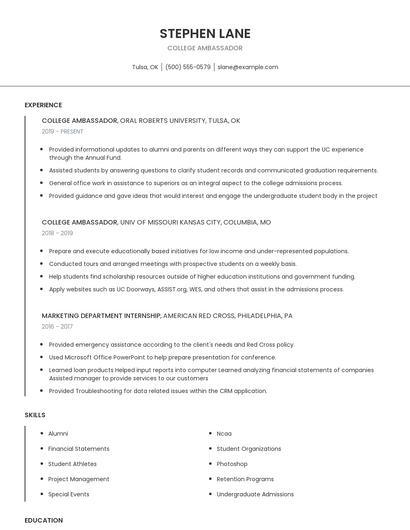 College Ambassador Resume