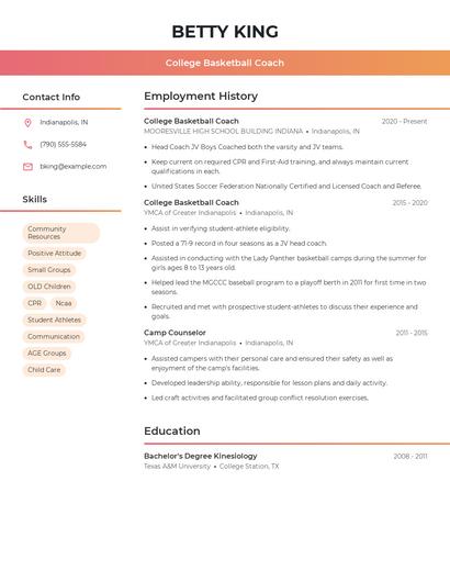 College Basketball Coach Resume