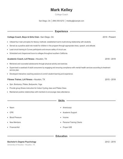 College Coach Resume
