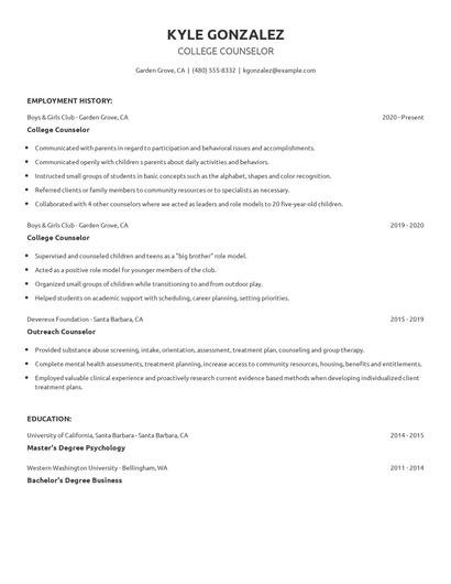 College Counselor Resume