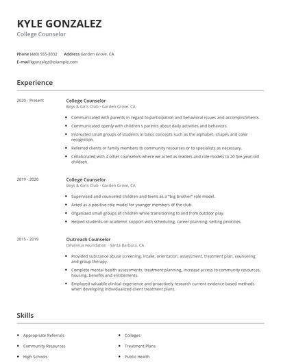 College Counselor Resume