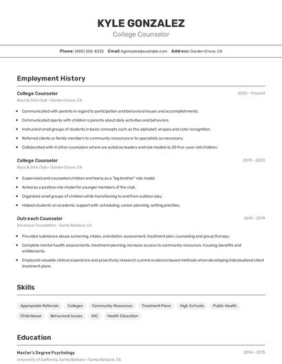 College Counselor Resume