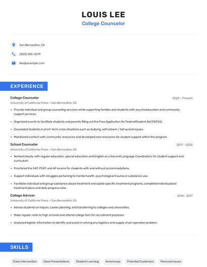 College Counselor Resume