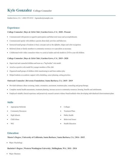 College Counselor Resume