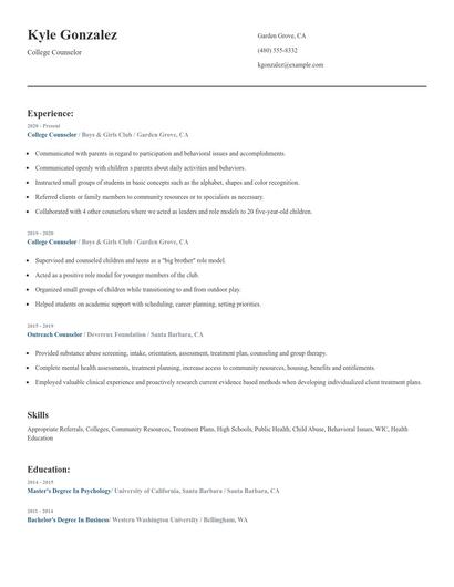 College Counselor Resume
