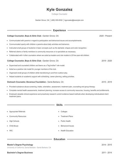 College Counselor Resume