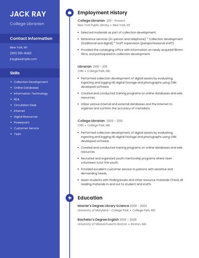 College Librarian Resume