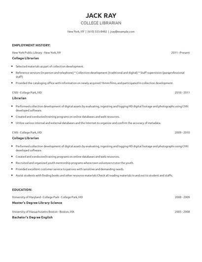 College Librarian Resume