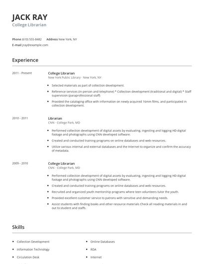 College Librarian Resume