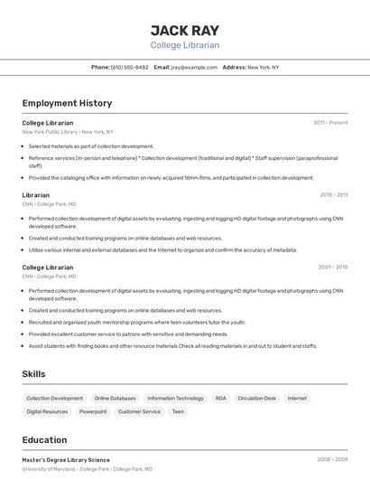 College Librarian Resume