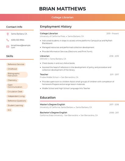 College Librarian Resume