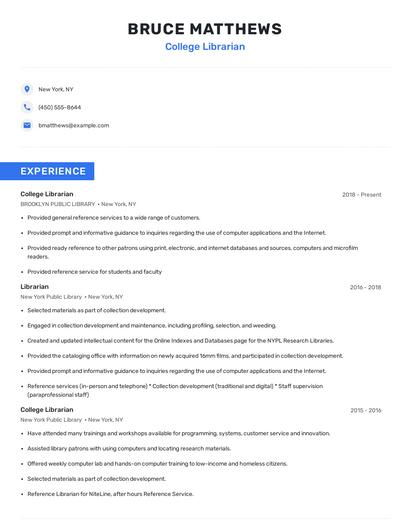 College Librarian Resume