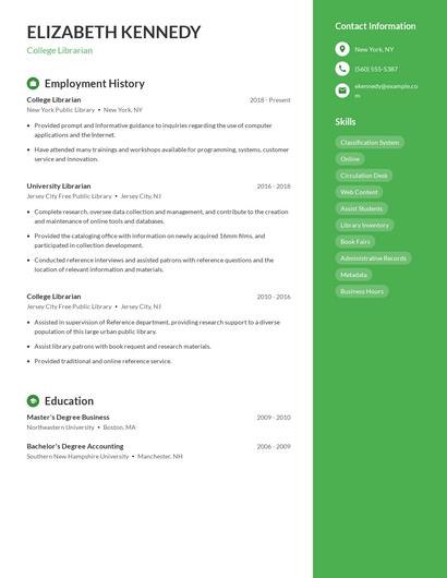 College Librarian Resume
