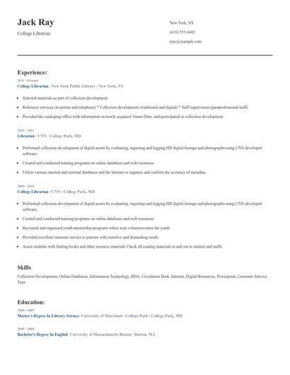 College Librarian Resume